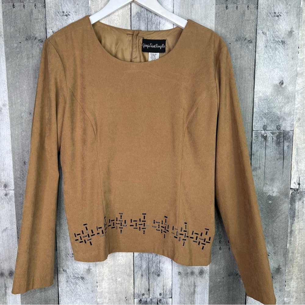 GIORGIO SANT’ ANGELO Vintage Tan Long Sleeve Beaded Top Back Buttons Size 10
